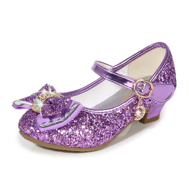 ULKNN-Children's leather shoes, casual high-heeled shoes with flowers and sequins, butterfly knot, blue, pink and silver, 2021