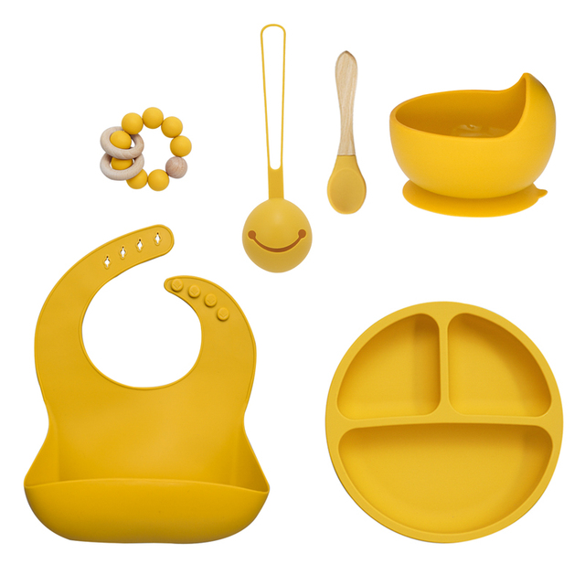 Baby Silicone Food Plate Bowl Spoon 6pcs Baby Utensil Set Auxiliary Food BPA Free Silicone Dishes for Baby Tableware