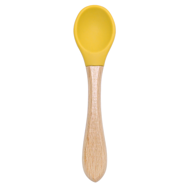 Wooden Feeding Handle Silicone Spoon For Baby Utensils Eat Soild Food Kids Training Ability Manipulation Children's Tableware