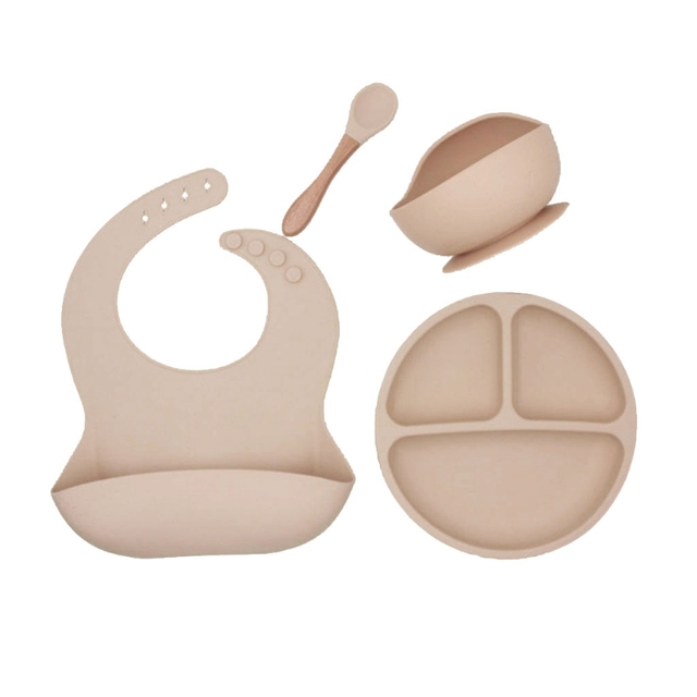 4pcs/set BPA Free Baby Silicone Tableware Waterproof Bib Solid Color Dinner Plate Lollipop Bowl and Spoon for Kids