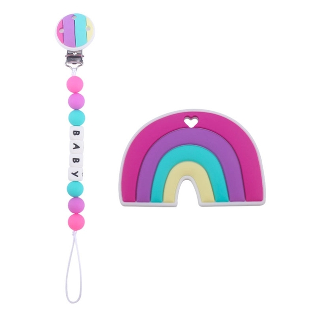 2pcs Baby Pacifier Chain Clip Rainbow Teether Set Newborn Nipple Dummy Clip Holder Silicone Teething Soother Molar Toys QX2D