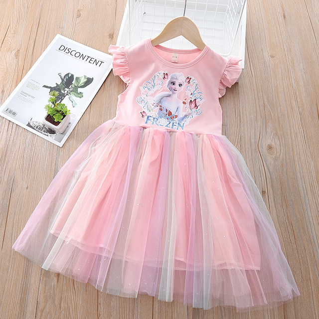 Fashion Summer Kids Clothes Cartoon Short Sleeve Princess Mesh Dress Baby Girls Birthday Costume Korean Pretty Vestidos