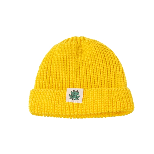 Autumn Winter Solid Color Baby Knitted Warm Hat Soft Casual Hemming Hat Kids Girls Boys Frog Label Beanies Clothes