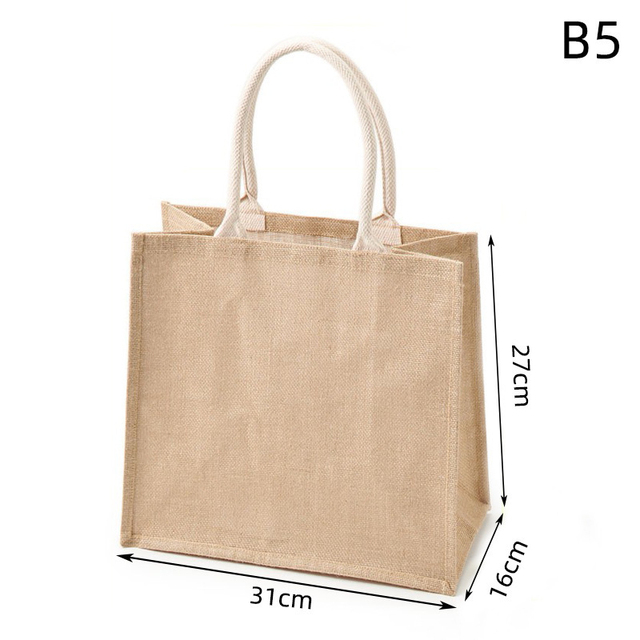 Portable Burlap Shopping Bag Jute Handbag Bamboo Ring Retro Carry Handles DIY Handbag Women Large Size Beach Bag for Girls