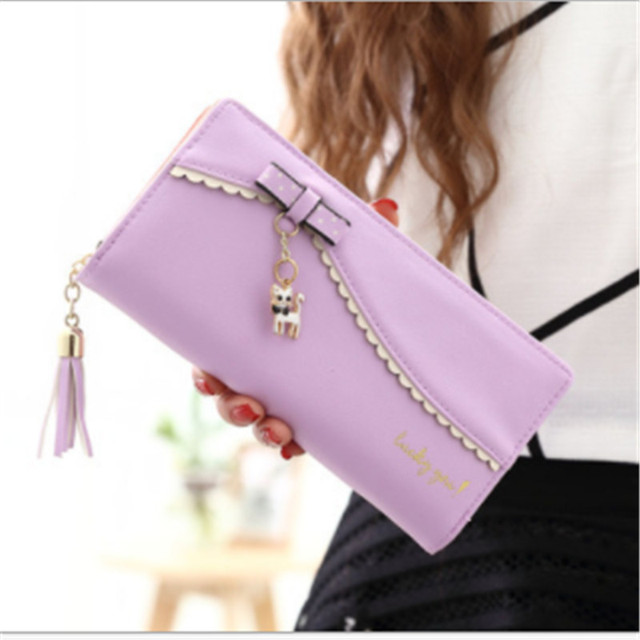 PU long wallet leather wallet women card holder purse sweet bow cute cat pendant tassel ladies clutch phone money coin bag portemonny