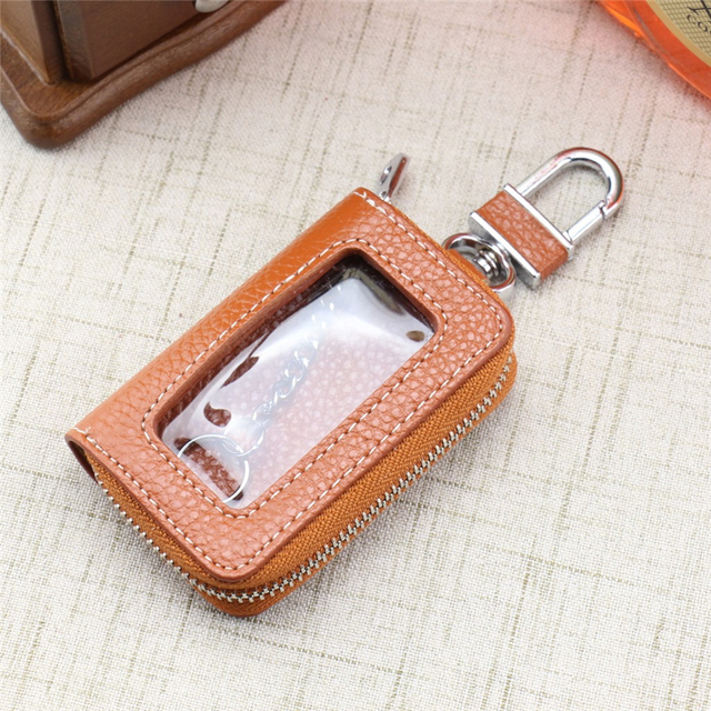 Leather Zipper Box Home Car Key Case Key Chain Women Home Organizer Transparent Window Key Bag Wallet