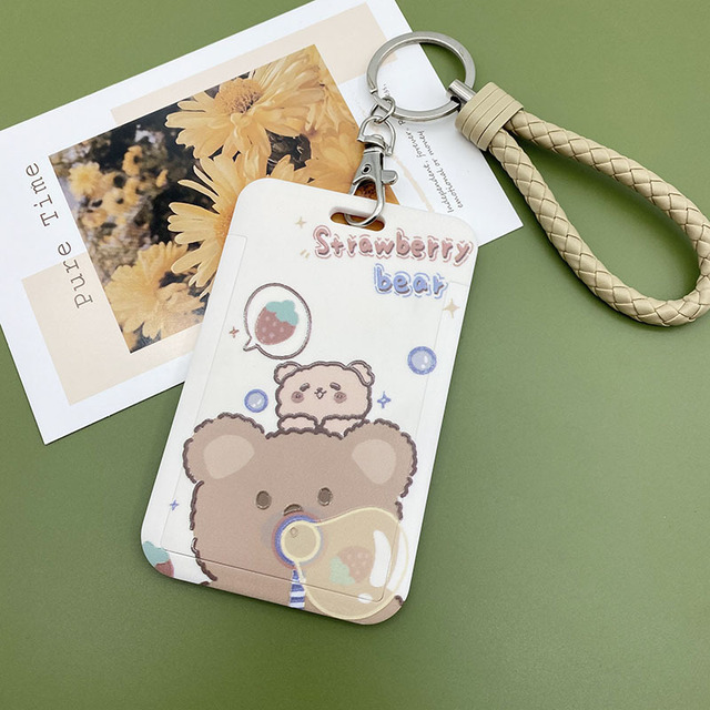 New Cute Cartoon Flocking Bear ID Credit Bank Card Holder Student Keychain Bus Card Case ID Badge Cover Women Men Pendants