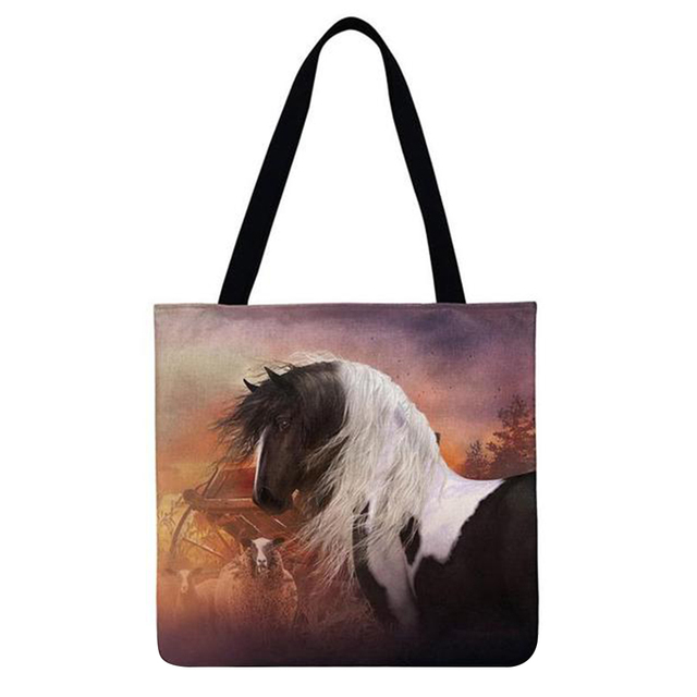 Reusable Linen Shopping Bags Casual Ladies Animal Horse Printed Pattern Tote Square Large Capacity Storage Bag