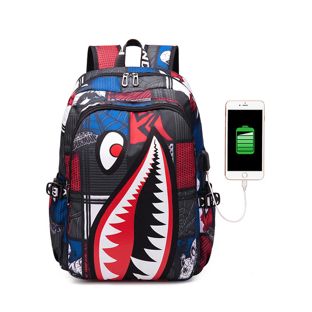 Fashion trend lightweight shark boy student backpack computer USB charging simple printing personality junior high school bag