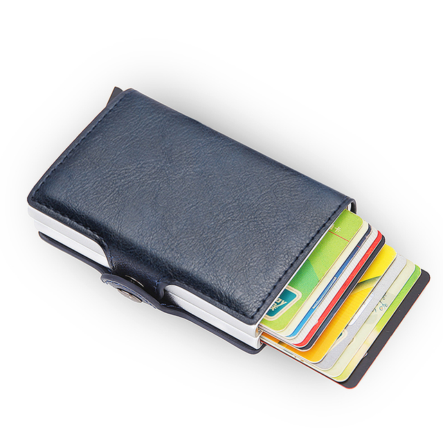 DIENQI- Genuine Leather Anti-Rfid Card Holder for Men Simple Male Wallet Aluminum Metal Card Holder