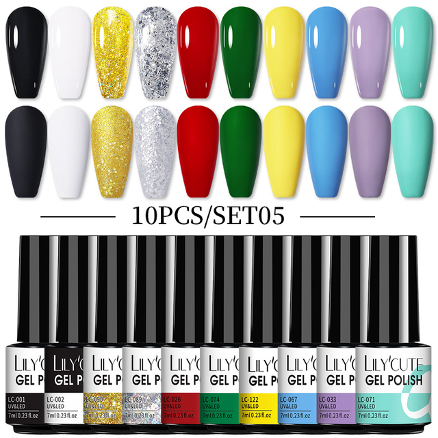 LILYCUTE 10pcs Gel Nail Polish Set With UV Lamp Nude Gel Semi Permanent Hybrid Varnish Base Top Coat Soak Off UV LED Nail Art