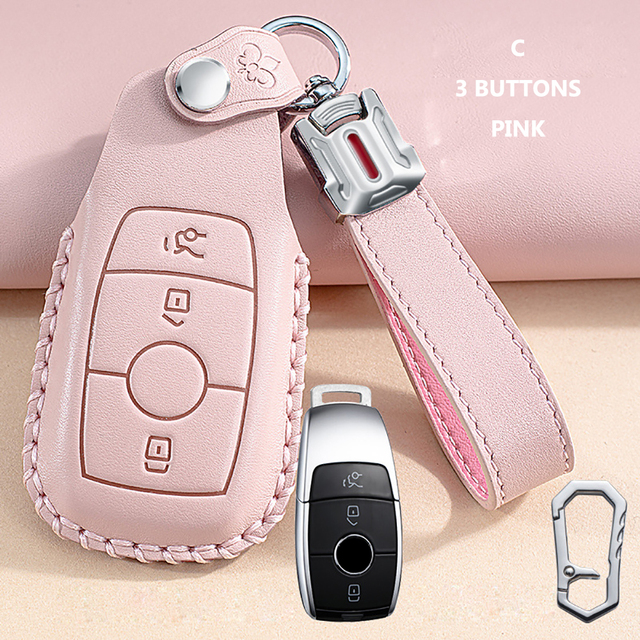 Lady Genuine Cowhide Leather Car Key Case Cover Hot Pressing Protection Shell For Mercedes Benz Hand Made Car Accessories Key Chain