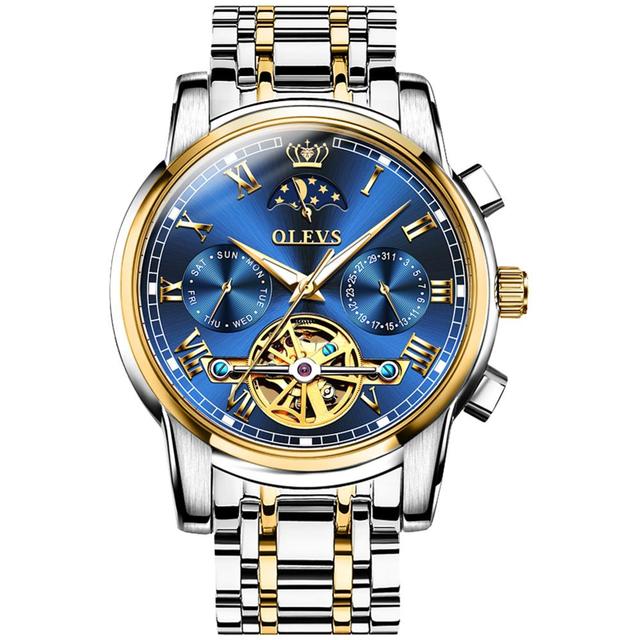 OLEVS-Men's Mechanical Watch, Classic, Water Resistant, Stainless Steel, Skeleton, Mechanical