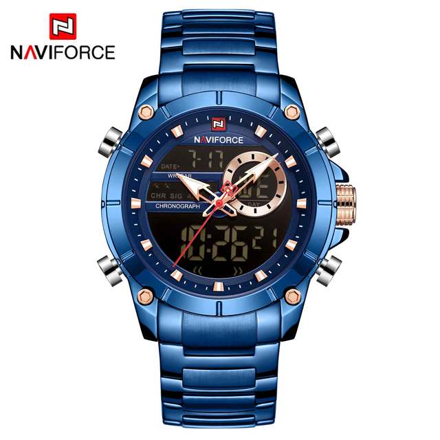 NAVIFORCE Men Military Sports Wrist Watch Gold Quartz Steel Waterproof Dual Display Male Clock Watches Relogio Masculino 9163