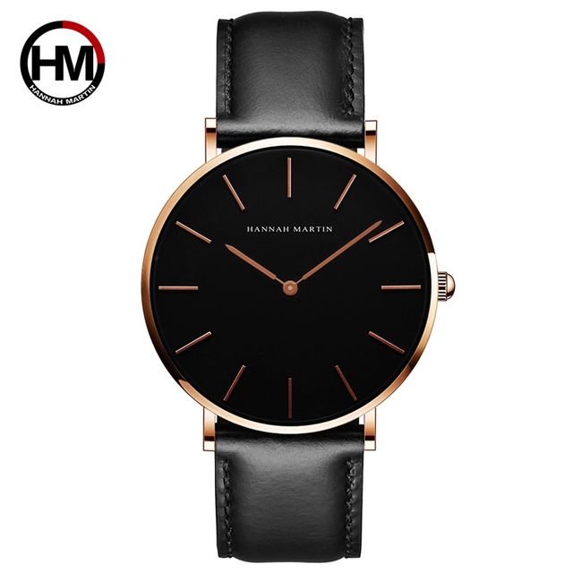 Hannah Martin High Quality Rose Gold Double Watch Men Leather Waterproof Wristwatch Women Dress Fashion Japan Quartz Saat Movement