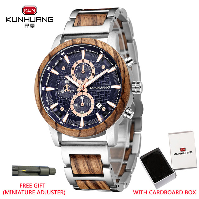 Kunhuang Luxury Wood Stainless Steel Men Watch Fashion Wooden Watches Chronograph Quartz Watches relogio masculino gift man