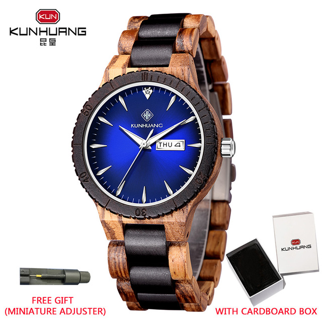 Kunhuang Men's Watch Colorful Dial Wooden Watch Week Clock Date Display Quartz Wood Wristwatch for Men Women reloj mujer