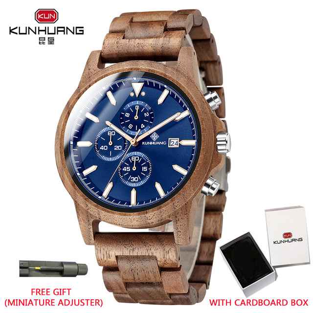 Kunhuang Handmade Wooden Watches Mens Watches Chronograph Watch Military Quartz Wristwatch Male In Wooden Gift Box Relogio