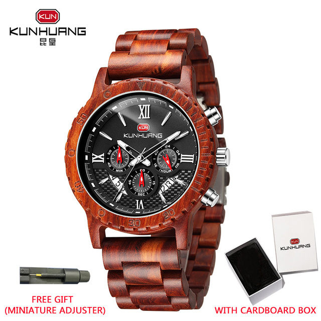 Kunhuang Luxury Brand Men's Watch Wooden Multifunctional Raw Quartz Watch High Strength Ebony Glass Case relógio masculino