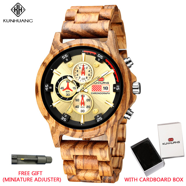 Kunhuang Luxury Natural Zebra Wood Watch Fashion Multifunction Quartz Men's Watch Chronograph Mineral Glass reloj de hombre