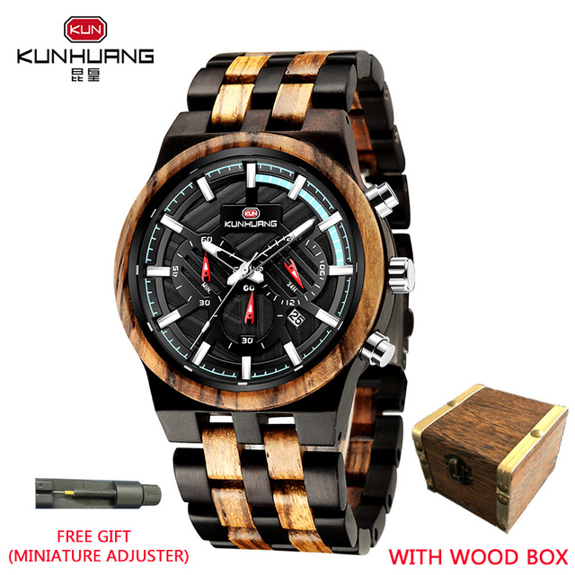 Relogio Masculino KUNHUANG Men's Wooden Watch Top Brand Luxury Stylish Chronograph Military Watches in Wooden Box reloj hom