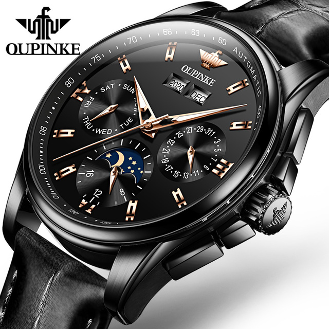 OUPINKE Luxury Watch Men Mechanical Wristwatches Leather Sapphire Waterproof Sports Business Moon Phase Automatic Watch for Men