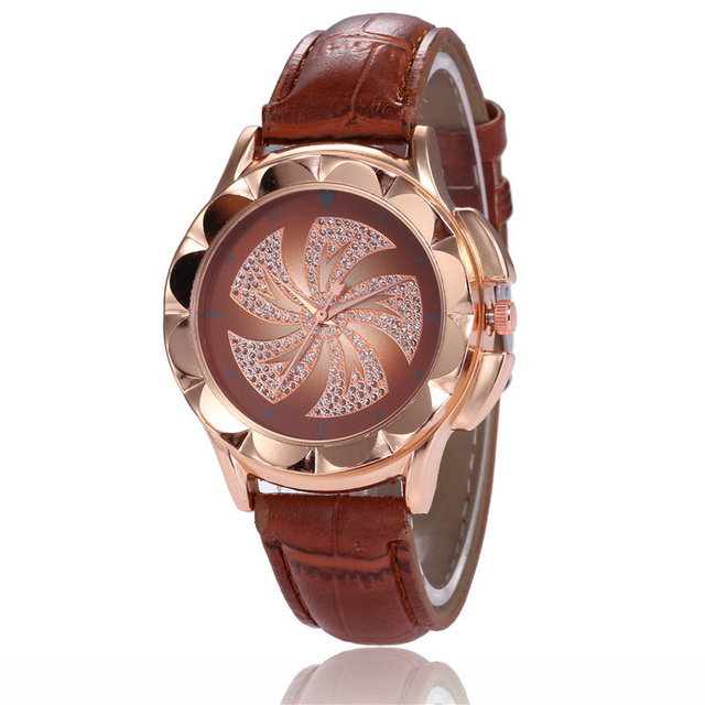 Popular windmill diamond inlaid women's quartz watch leisure bamboo style leather strap