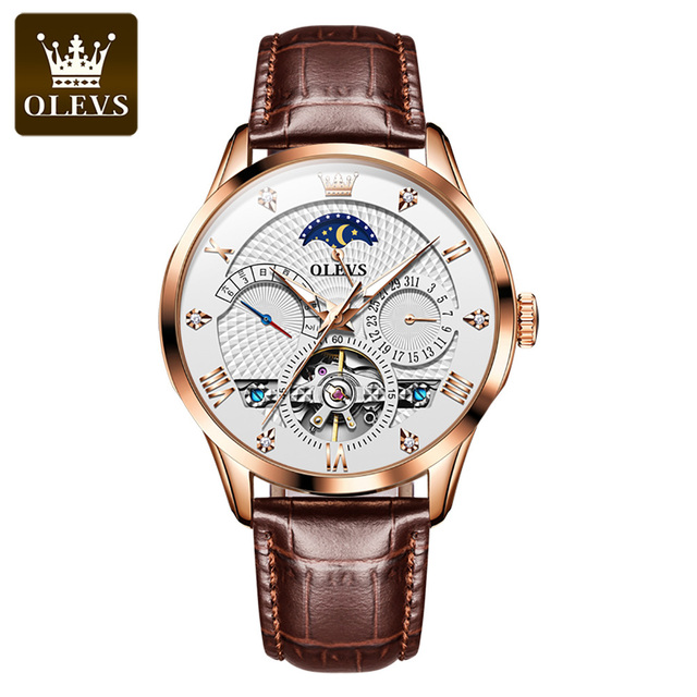 OLEVS New Luxury Men Automatic Mechanical Watch Waterproof Luminous Hollow Watches for Men Leather Strap Moon Phase Calendar