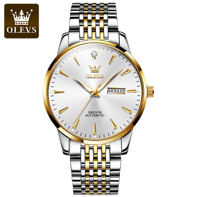 OLEVS Luxury Stainless Steel Mechanical Watches for Men Waterproof Automatic Watch Calendar Luminous Men Mechanical Wristwatches