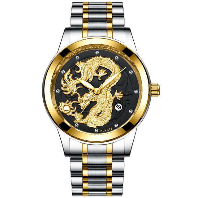 FNGEEN Mens Watches Luxury Brand Chinese Golden Dragon Quartz Watch Diamond Dial Stainless Steel Watch Male Relogio Masculin