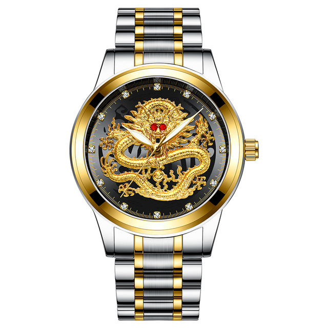 FNGEEN Mens Watches Luxury Brand Chinese Golden Dragon Quartz Watch Diamond Dial Stainless Steel Watch Male Relogio Masculin