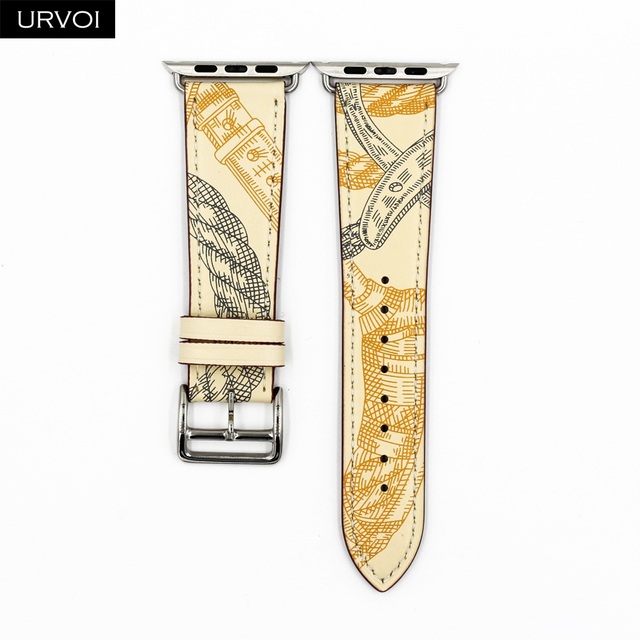 URVOI Printed One Round for Apple Watch Series 7 6 SE 5 4 3 2 Band Swift Leather Strap for iWatch 41 45mm Handmade Wristwatches 2020