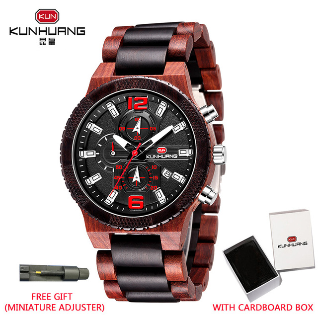 Kunhuang Men's Wooden Quartz Watches In Wood Luxury Brand Military Sports Watch Personality Male Clock Relogio Masculino