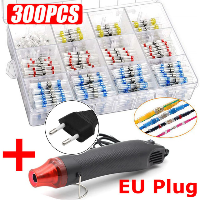 50/300pcs Waterproof Heat Shrink Butt Terminals Crimp Terminals Welding Seal Electrical Wire Twisting Cable Terminal Kit With Hot Air Gun