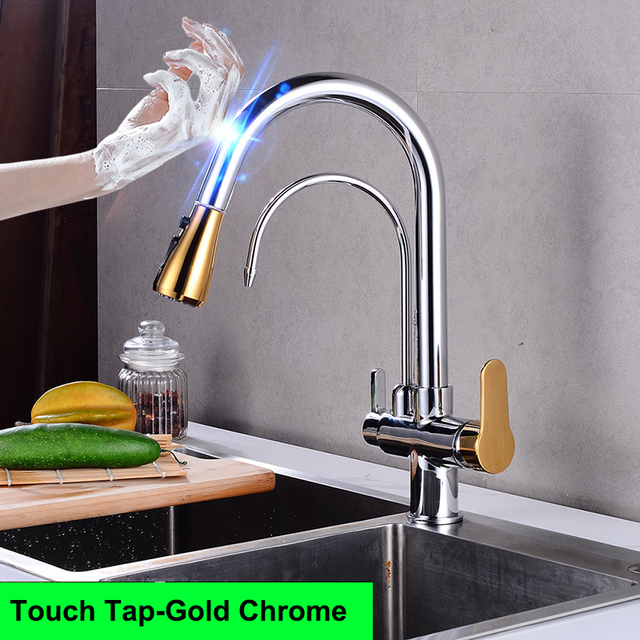 Hot Cold Touch Pull Out Kitchen Faucet Newly Brass Gray Pull Down Kitchen Mixer Tap Dual Handle Sensor Touch Filter Kitchen Faucet