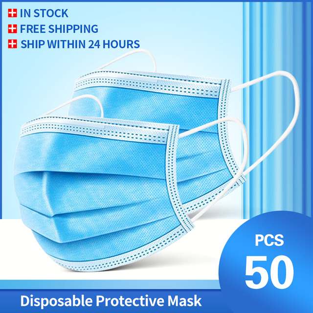 In Stock 10/100pcs Disposable Nonwoven Face Mask 3 Layers Anti Dust Respirator Mask With Elastic Ear Band For Adults