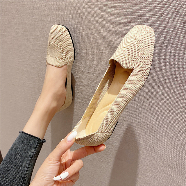 2021 Women Flat Knitted Square Toe Colorblock Soft Ladies Zapatos De Sport Zapatillas Mujer Ballet Breathable Moccasins