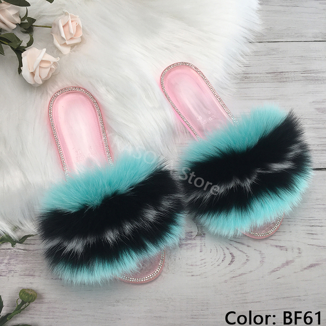 fluffy slippers women real fur home slides summer crystal rhinestones shoes for women flip flops with fur jelly sandals women