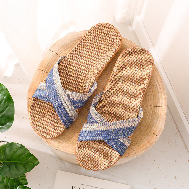 Women Linen Home Slippers Summer Casual Slides Beach Shoes Ladies Indoor Linen Slippers Bohemia Striped Flip Flops Sandals