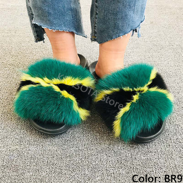 fluffy slippers women luxury real fox fur slippers women home fur slides ladies summer flip flops wholesale flat shoes slippers