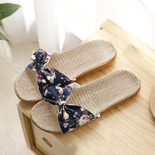 Summer Bowknot Linen Slippers Women Ladies Slippers Soft Bottom Silent Indoor Slippers Casual Slides Breathable Beach Shoes