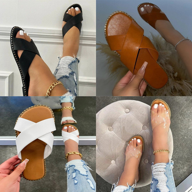 Modern Women Slippers Casual Open Toe Beach Vacation Cute Shoes Solid Color Cross Flat Sandals Bulk Items Wholesale Lots M8686