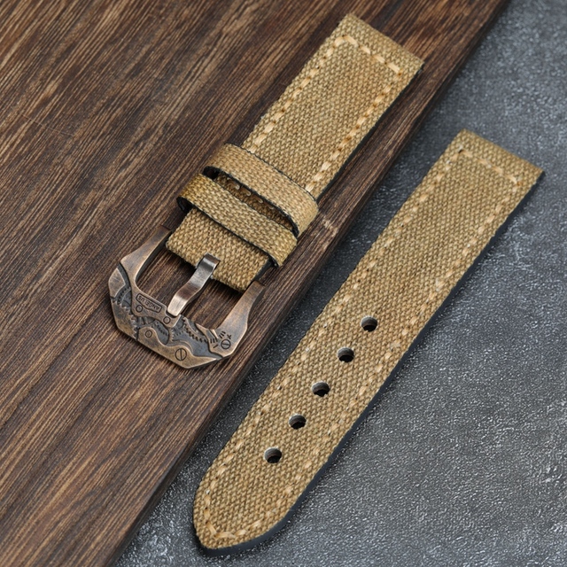 Handmade Canvas + Leather Watchband 20 22 24 26mm Compatible Bronze Strap Personalized Bronze Buckle