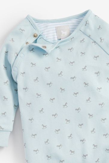 The Little Tailor Blue Jersey Print Rocking Horse Sleepsuit