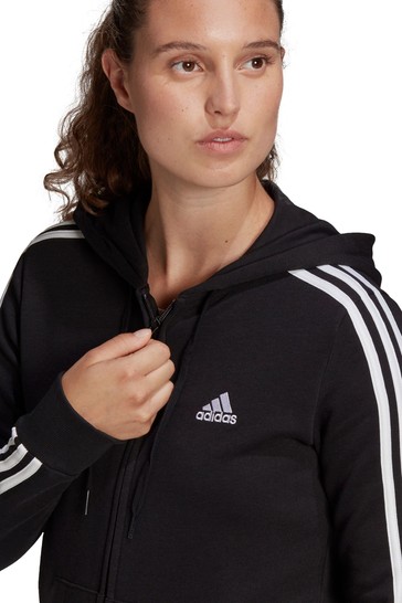 adidas Black 3 Stripe French Terry Full Zip Hoodie