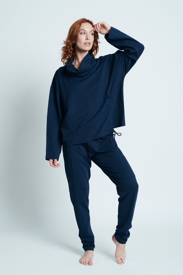 Elle Navy	Blue Loungewear Tie Detail Asymmetric Long Sleeve Top