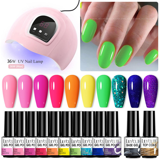 LILYCUTE 10pcs Gel Nail Polish Set With UV Lamp Nude Gel Semi Permanent Hybrid Varnish Base Top Coat Soak Off UV LED Nail Art