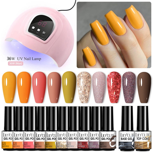 LILYCUTE 10pcs Gel Nail Polish Set With UV Lamp Nude Gel Semi Permanent Hybrid Varnish Base Top Coat Soak Off UV LED Nail Art