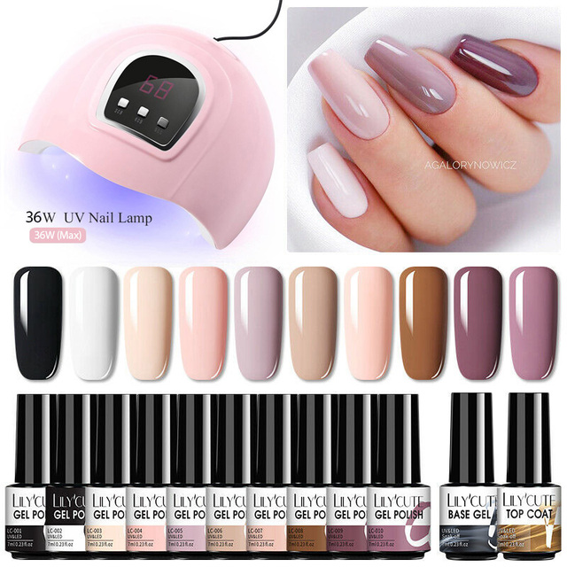 LILYCUTE 10pcs Gel Nail Polish Set With UV Lamp Nude Gel Semi Permanent Hybrid Varnish Base Top Coat Soak Off UV LED Nail Art