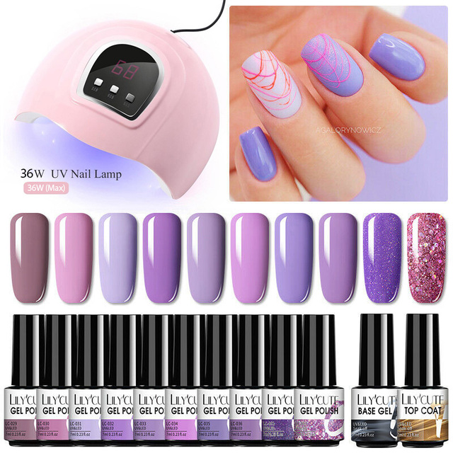 LILYCUTE 10pcs Gel Nail Polish Set With UV Lamp Nude Gel Semi Permanent Hybrid Varnish Base Top Coat Soak Off UV LED Nail Art